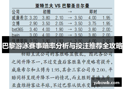 巴黎游泳赛事赔率分析与投注推荐全攻略